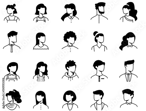 set of avatar cartoon user profile image collection for UI mobile Male and female faces. Men and women portraits. Unknown or anonymous person outline stroke style notion illustrations vector