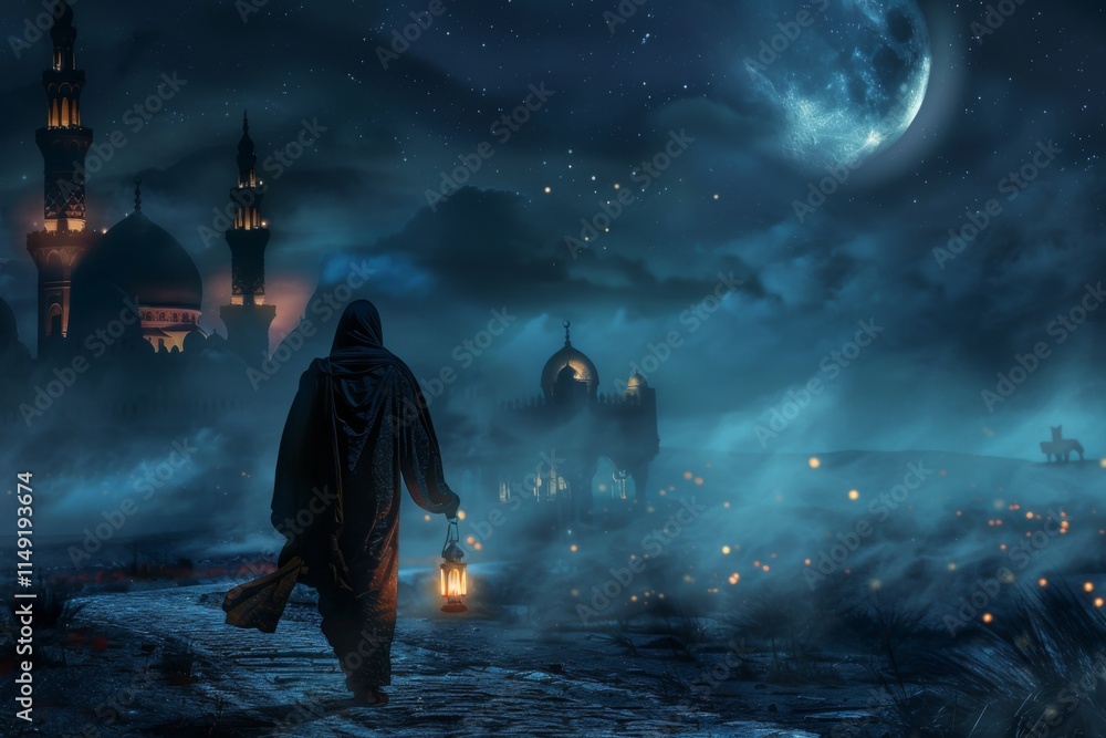 a muslim is ready to face the blessed month of ramadhan while carrying a lantern at night. a muslim is ready to face the blessed month of ramadhan while carrying a lantern at night.