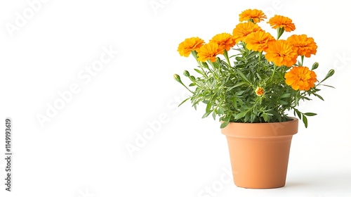 orange marigold plant in a small terracotta pot isolated on white background