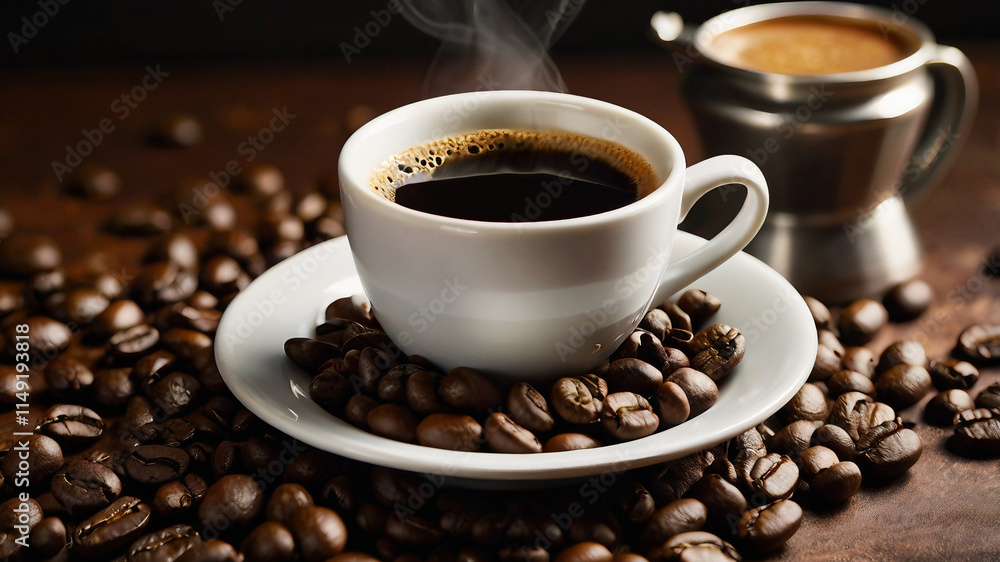 Coffee cup on wooden table surrounded by scattered coffee beans, showcasing a rustic ambiance with rich tones and warm lighting, ideal for coffee shop theme