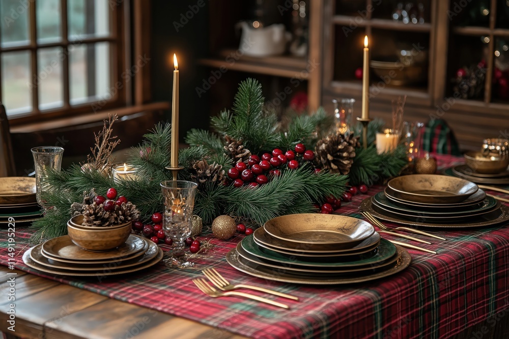 Festive dining room setup for Christmas. Rustic table with red, green plaid tablecloth. Gold plates, silverware. Pine centerpiece with cranberries, candles. Festive, elegant Christmas decor. Warm, Festive dining room setup for Christmas. Rustic table with red, green plaid tablecloth. Gold plates, silverware. Pine centerpiece with cranberries, candles. Festive, elegant Christmas decor. Warm,