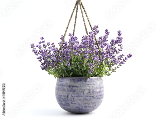 lavender plant in a hanging ceramic pot isolated on white background photo