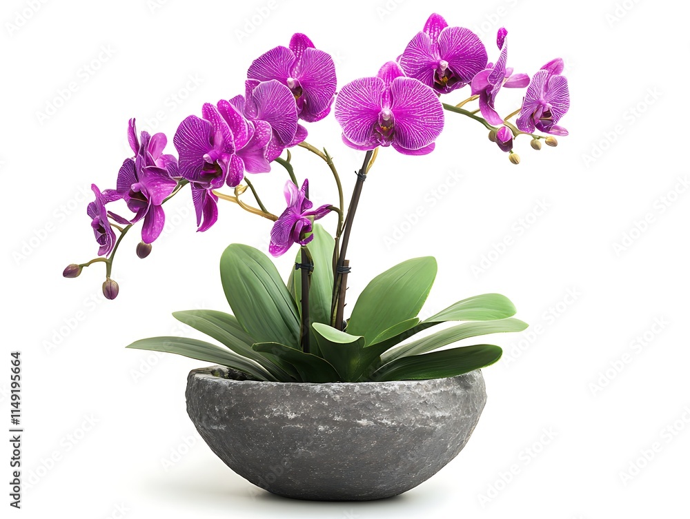 Naklejka premium purple orchid plant in a stone pot isolated on white background