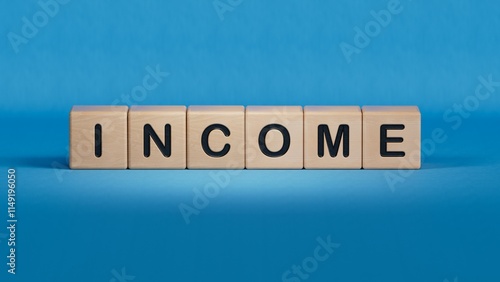 Wooden cubes with INCOME word.close up of wooden elements,Business Concept.3D rendering on blue background.
