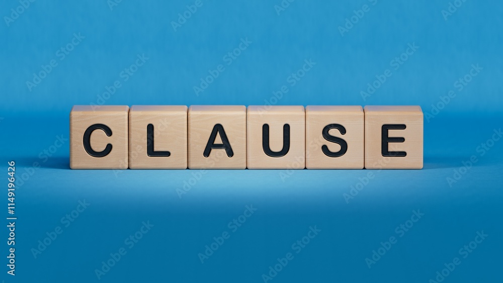 Wooden mannequin near tower of cubes with word clause.close up of wooden elements,Business Concept.3D rendering on blue background. Wooden mannequin near tower of cubes with word clause.close up of wooden elements,Business Concept.3D rendering on blue background.