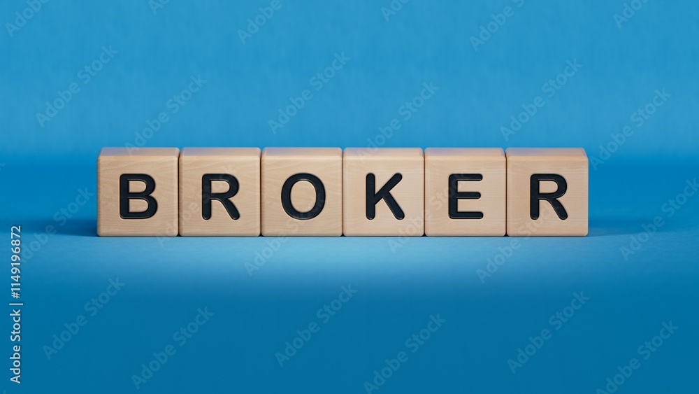 Word BROKER made with wood building blocks. New normal.close up of wooden elements,Business Concept.3D rendering on blue background. Word BROKER made with wood building blocks. New normal.close up of wooden elements,Business Concept.3D rendering on blue background.