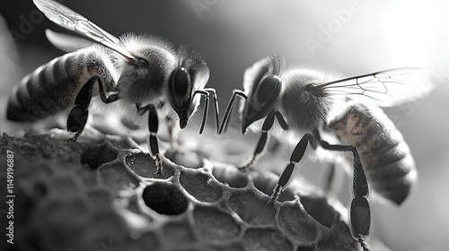 Close-up of bees working on a honeycomb, highlighting the importance of pollinators, biodiversity, and naturea??s harmony.  --style raw  photo