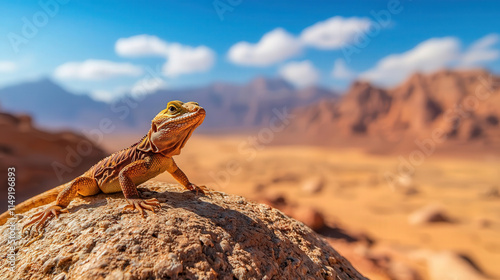 desert landscape with lizard basking on rock under blue sky