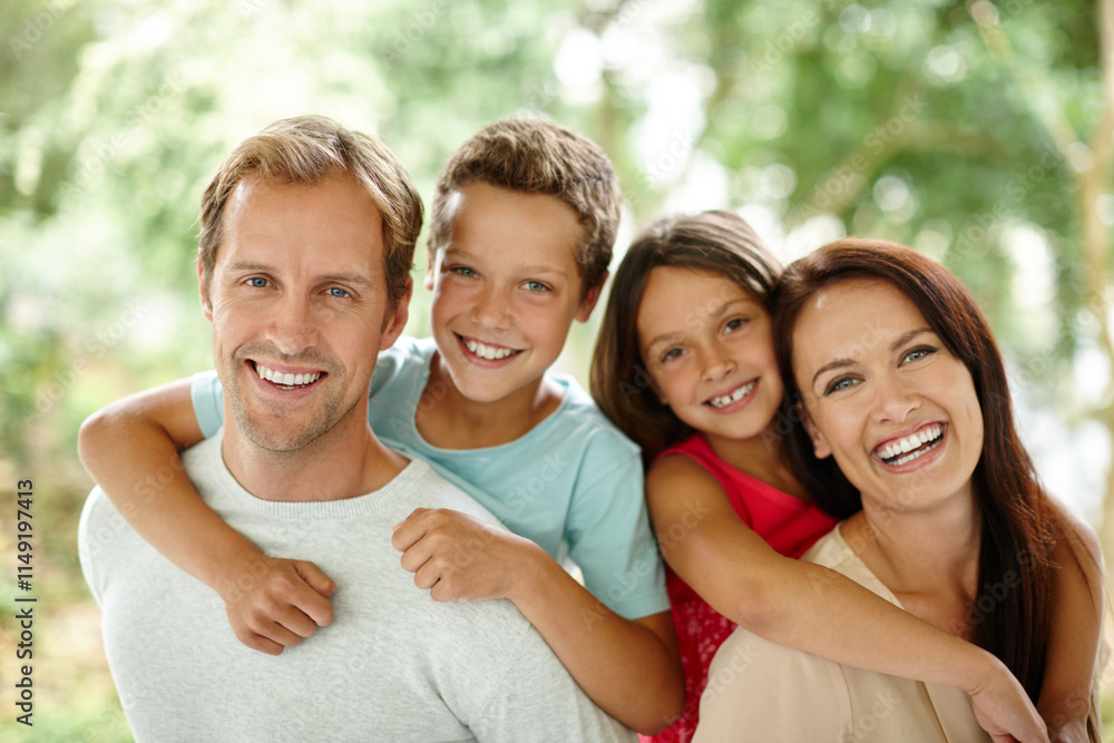 Family, piggyback and portrait in nature together for love, bonding and security for connection. Parents, children and support for happiness in Switzerland, embrace and outdoor care in relationship