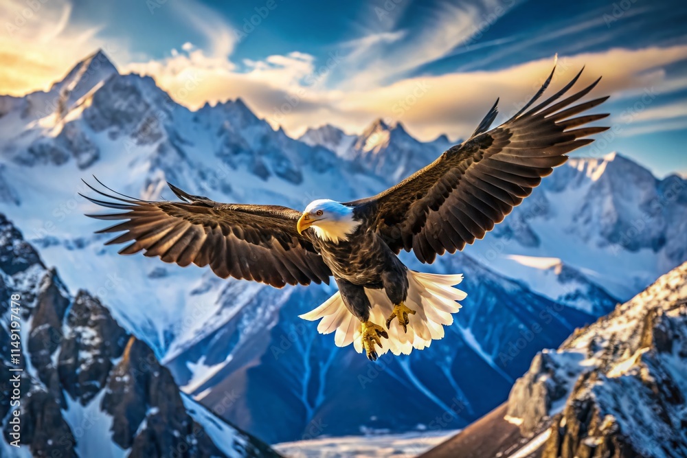 Obraz premium Majestic Eagle Soaring Above Snow-Capped Peaks: Symbol of Freedom