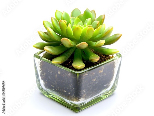 succulent plant in a square glass pot isolated on white background photo