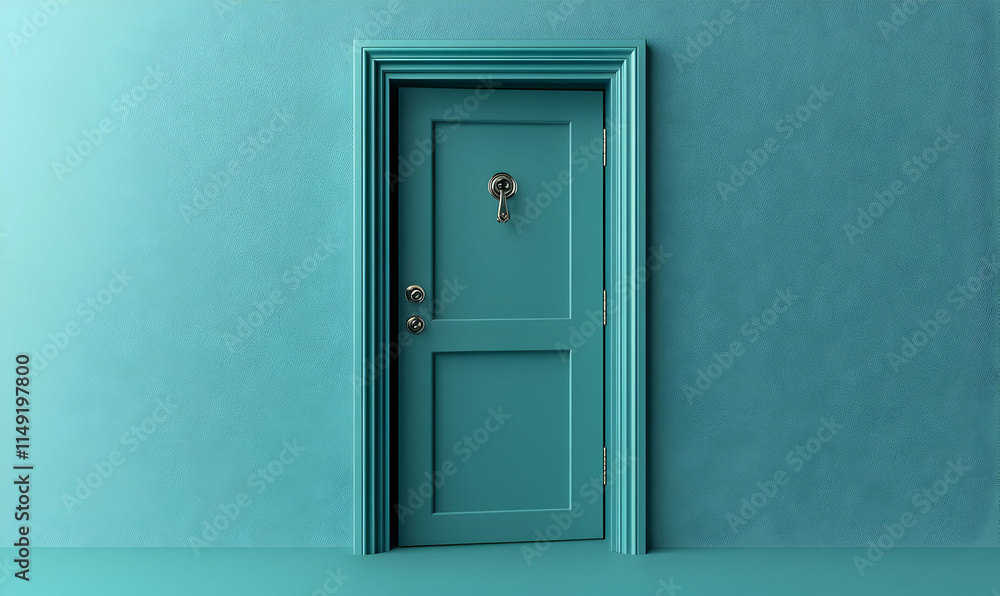 A teal door set against a matching wall, creating a minimalist and modern aesthetic. A teal door set against a matching wall, creating a minimalist and modern aesthetic.