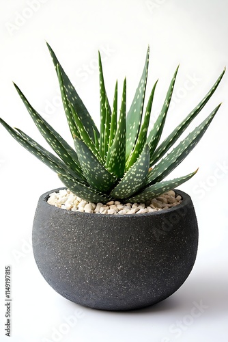 single aloe vera plant in a round stone pot isolated on white background photo