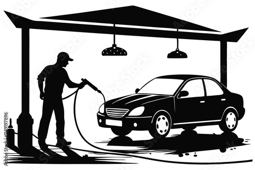 Silhouette of Man washing a car with high pressure washer. Spraying water from the hose. Vector black and white illustration of car wash