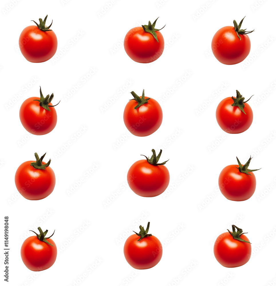 Tomatoes on white background, grid layout. Fresh produce and healthy eating concept Tomatoes on white background, grid layout. Fresh produce and healthy eating concept