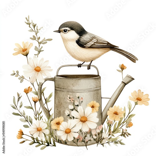 A charming bird on a watering can surrounded by colorful flowers. photo