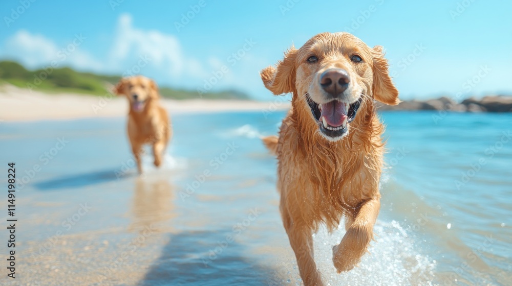 Two golden retrievers play joyfully on a sunny beach, splashing in the water. Two golden retrievers play joyfully on a sunny beach, splashing in the water.