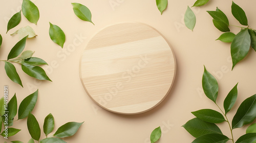 Top view wooden podium with green leaves for eco product presentation, flat lay on neutral beige minimal background photo