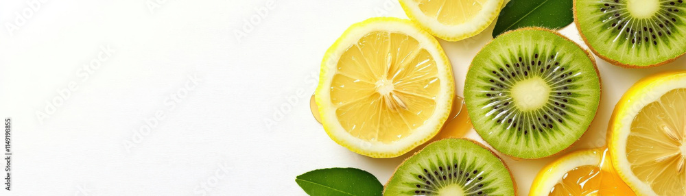 Fresh lemon and kiwi slices arranged with green leaves, creating vibrant composition Fresh lemon and kiwi slices arranged with green leaves, creating vibrant composition