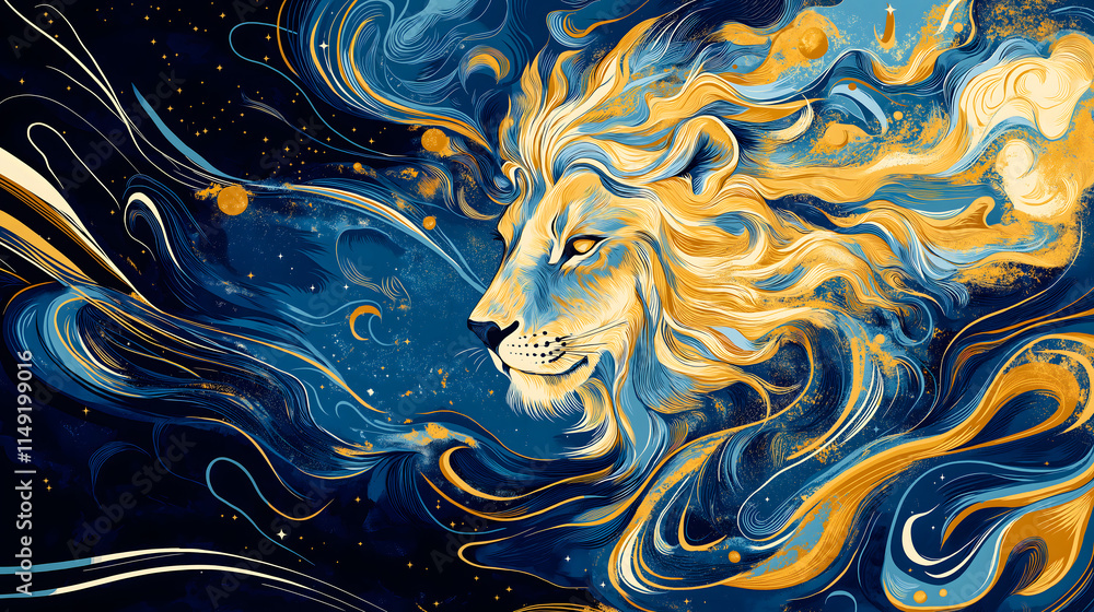 Cosmic Leo design featuring a majestic lion in vibrant tones of gold and blue, with piercing eyes and an elegant mane. Cosmic Leo design featuring a majestic lion in vibrant tones of gold and blue, with piercing eyes and an elegant mane.