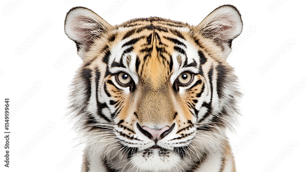Obraz premium Close-up portrait of a tiger's face against a white background.