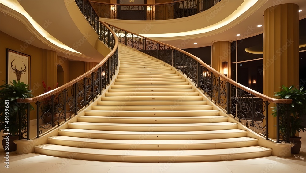 Obraz premium An elegant staircase in a hotel lobby with artistic railings and soft lighting