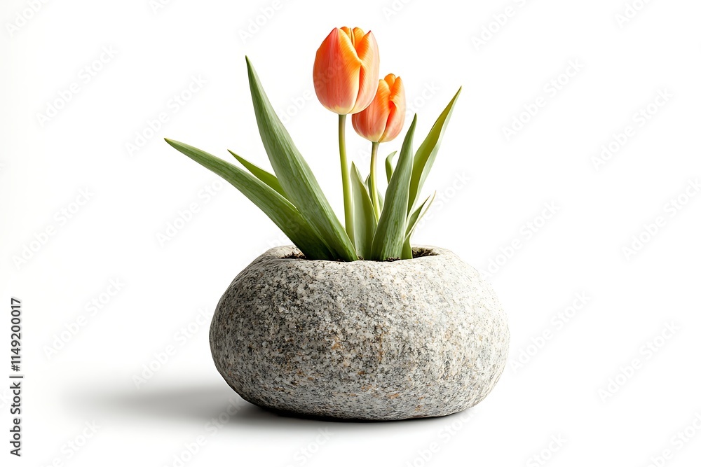 Obraz premium bright orange tulip plant in a round stone pot isolated on white background