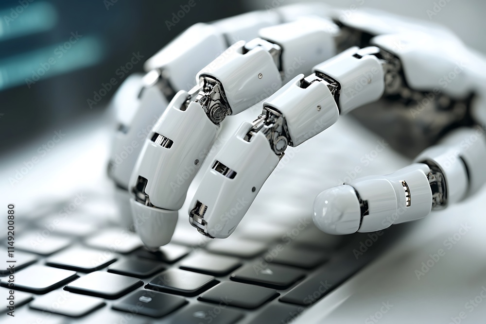 Robot hand typing on a keyboard. Concept of artificial intelligence, automation, and future technology. Robot hand typing on a keyboard. Concept of artificial intelligence, automation, and future technology.