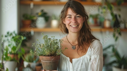 Smiling Woman Holding a Potted Herb Plant in a Plant-Filled Room