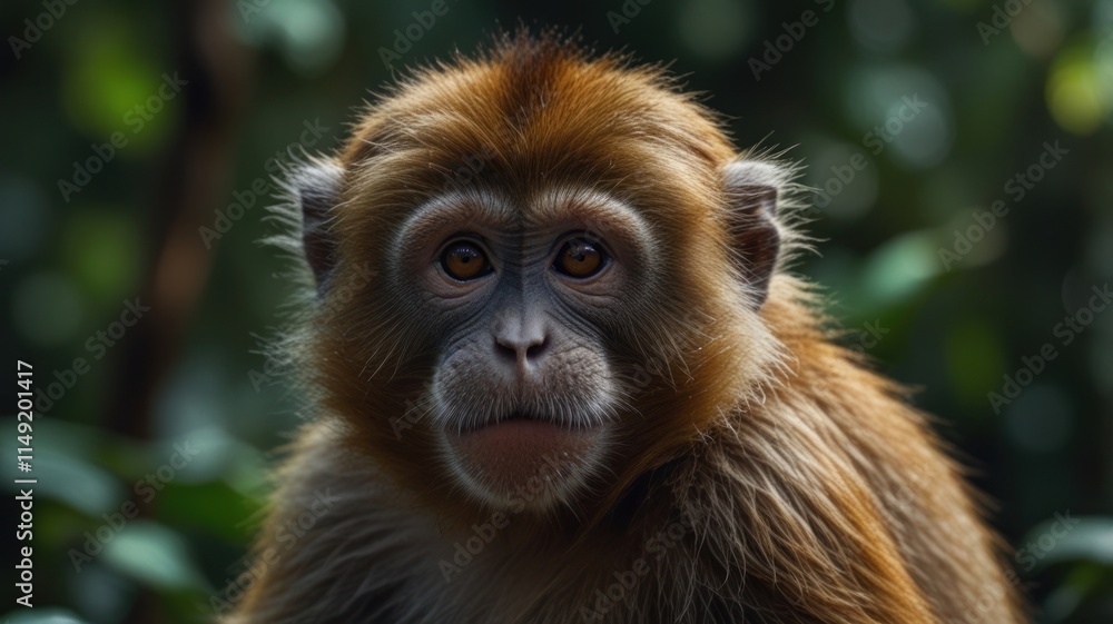 Close-up portrait of a young monkey with a pensive expression. Close-up portrait of a young monkey with a pensive expression.
