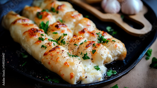 Plate food with cheese and herbs. Cheese dish kupaty plate snack round lies. A round of kupaty lies on a plate. The photo is of a plate of shrimp with a lifestyle side of parsley. photo