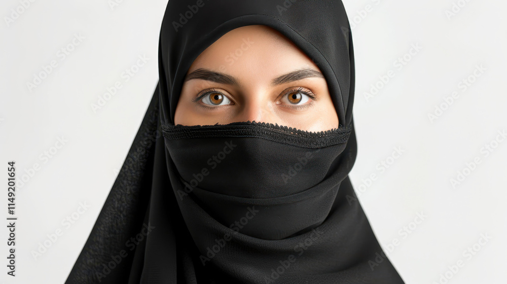 A portrait of a veiled woman in a black niqab, highlighting her serene spirit and deeprooted cultural heritage. A portrait of a veiled woman in a black niqab, highlighting her serene spirit and deeprooted cultural heritage.