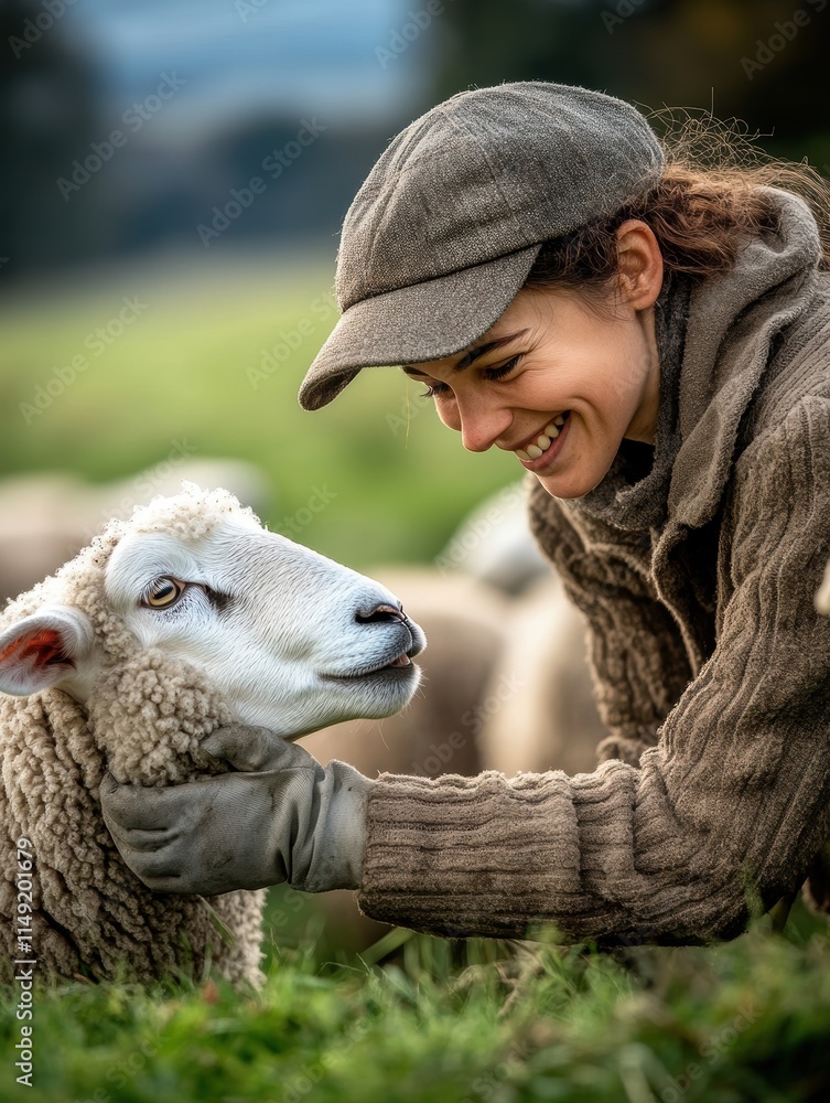 A joyful moment between a woman and a sheep, showcasing the bond of care and companionship in a serene pastoral setting. A joyful moment between a woman and a sheep, showcasing the bond of care and companionship in a serene pastoral setting.