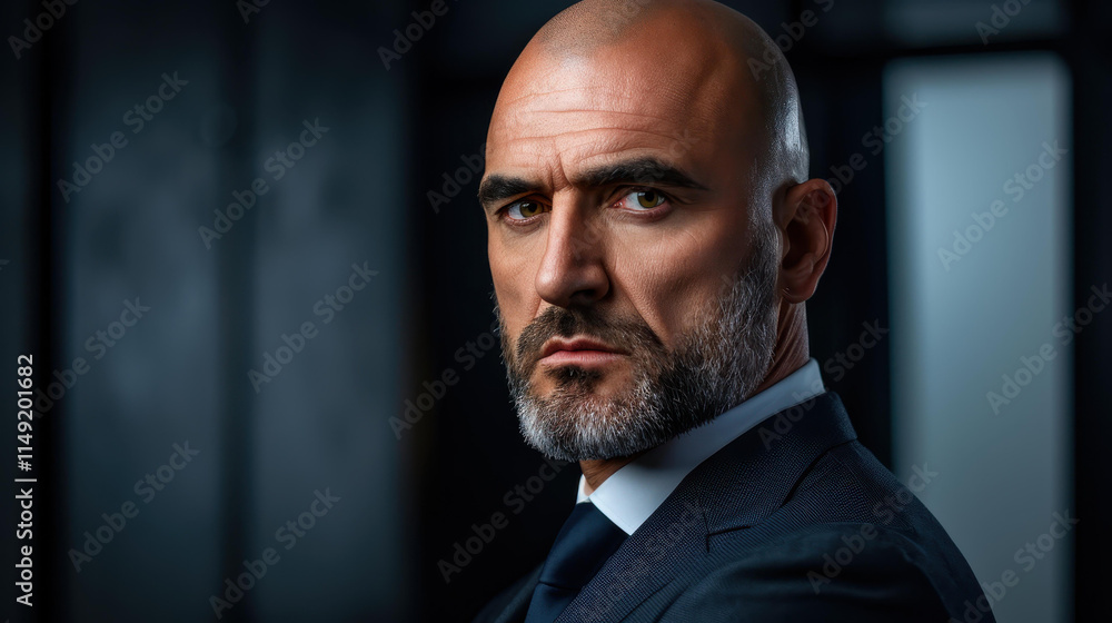 A striking portrait of a confident bald businessman with a stylish beard, exuding authority and professionalism. A striking portrait of a confident bald businessman with a stylish beard, exuding authority and professionalism.