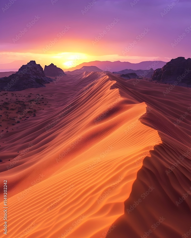 Fototapeta premium Breathtaking view of a desert landscape at sunset, showcasing vibrant hues of orange and purple as the sun dips below the horizon, casting shadows over the dunes.