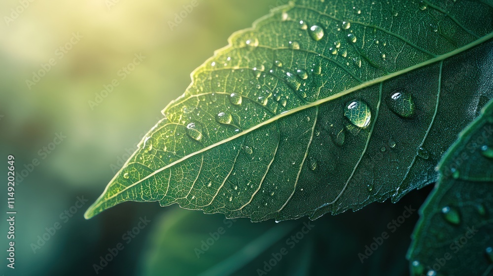 Fototapeta premium Dewdrops on a Leaf: A Serene Nature Photography