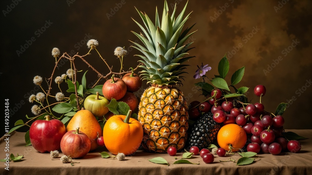 Vibrant fruit arrangement studio still life photography warm lighting close-up colorful composition for culinary inspiration Vibrant fruit arrangement studio still life photography warm lighting close-up colorful composition for culinary inspiration