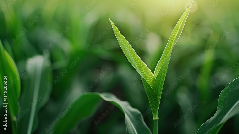 A vibrant green corn plant stands tall in a picturesque rural landscape, showcasing natures bountiful beauty. A vibrant green corn plant stands tall in a picturesque rural landscape, showcasing natures bountiful beauty.