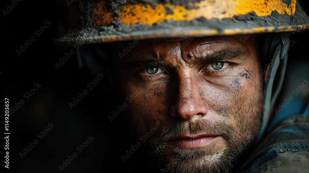 Focused miner intensely gazes into harsh mine environment. Man wears dirty rugged helmet. Face shows determination, strength. Photo shows strong person working in demanding job. Portrait style image Focused miner intensely gazes into harsh mine environment. Man wears dirty rugged helmet. Face shows determination, strength. Photo shows strong person working in demanding job. Portrait style image