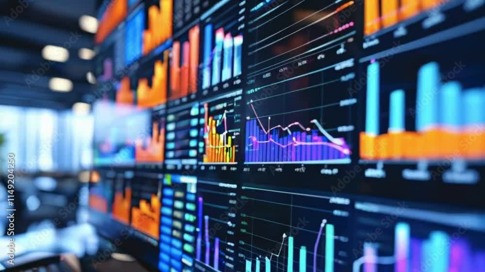 Dynamic data streaming on vibrant digital panels in a futuristic technology concept Dynamic data streaming on vibrant digital panels in a futuristic technology concept