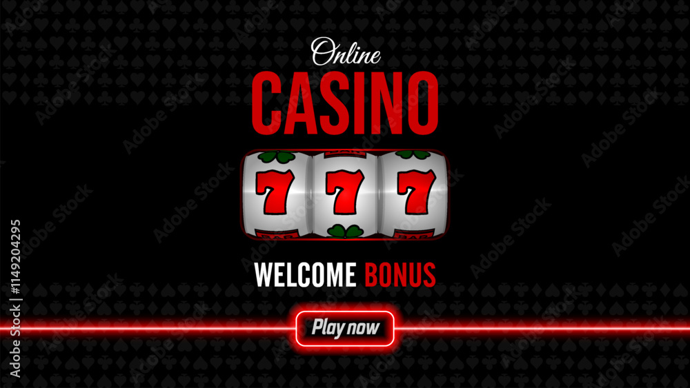 Naklejka premium Casino poster with red button, welcome bonus 777, black classic banner with offer on a innovative background with dark cards suit. Casino slot machine bonus. Vector illustration