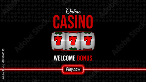 Casino poster with red button, welcome bonus 777, black classic banner with offer on a innovative background with dark cards suit. Casino slot machine bonus. Vector illustration