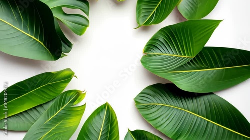 Fresh green banana leaves create a vibrant frame, perfect for plantthemed designs and backgrounds. Isolated for your needs. photo