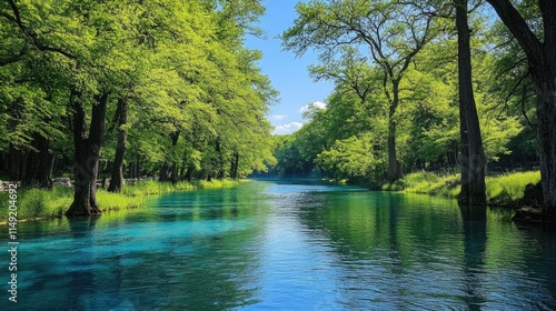 Tranquil Blue Water Flowing Through a Lush Forest