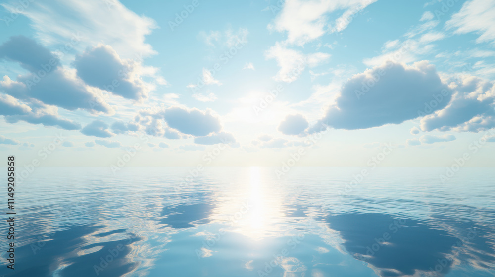A tranquil coastal panorama, realistic sky featuring dramatic cirrus clouds spreading outward, subtle gradient of blues across the atmosphere, sunlight creating ripples of light on the calm ocean, pho A tranquil coastal panorama, realistic sky featuring dramatic cirrus clouds spreading outward, subtle gradient of blues across the atmosphere, sunlight creating ripples of light on the calm ocean, pho
