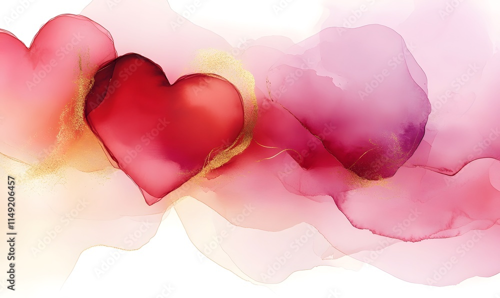 Three watercolor hearts with gold accents on a pink flowing backdrop. Three watercolor hearts with gold accents on a pink flowing backdrop.