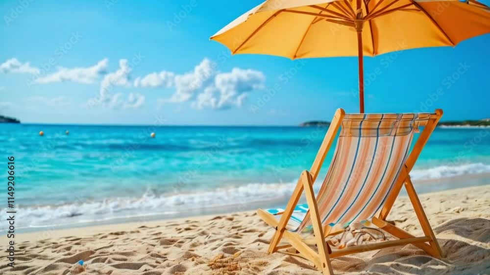 Bright beach chairs under vibrant orange umbrellas on a sunny tropical coastline Bright beach chairs under vibrant orange umbrellas on a sunny tropical coastline