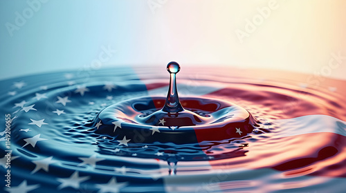 A single water drop impacts a tranquil surface, reflecting the American flag's colors in mesmerizing ripples. Patriotism and nature unite.