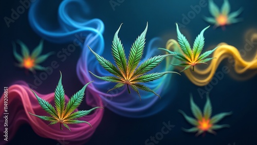 Wallpaper Mural Floating marijuana leaves encased in colorful, multidimensional smoke on a dark background. Luminous, surreal, and detailed, with dynamic curves and glowing hues. Torontodigital.ca