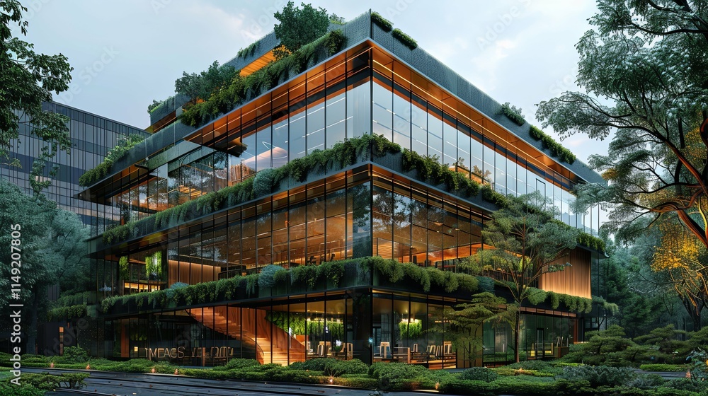 Fototapeta premium Modern Eco-Friendly Office Building with Lush Green Facade and Interior Plants